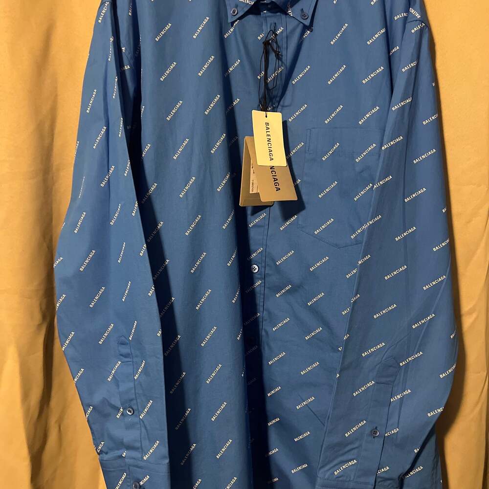 Balenciaga All-Over Logo Long Sleeve Button Down Shirt Blue